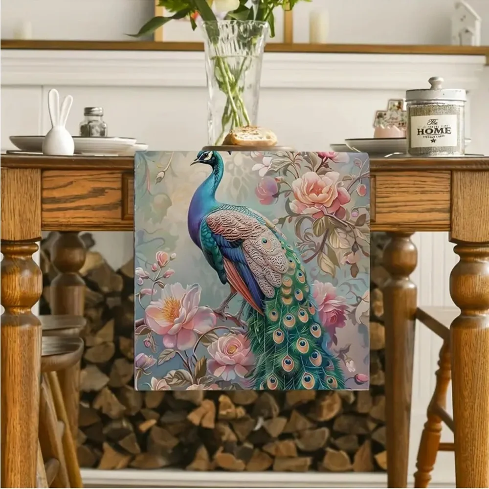 Romantic Floral Peacock #3 Table Runner (71” x 13”)